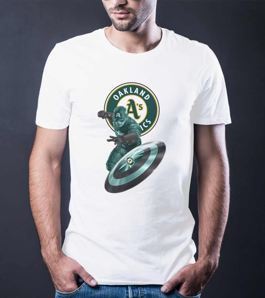 Oakland Athletics A's Logo With Captain America's Shield And Heroic Pose T-Shirt