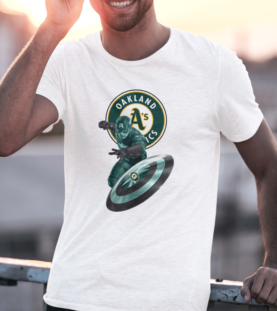 Oakland Athletics A's Logo With Captain America's Shield And Heroic Pose T-Shirt