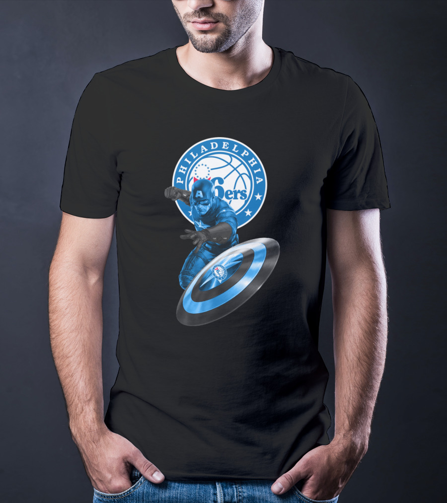 Philadelphia 76ers Basketball Marvel Crossover With Captain America Shield T-Shirt