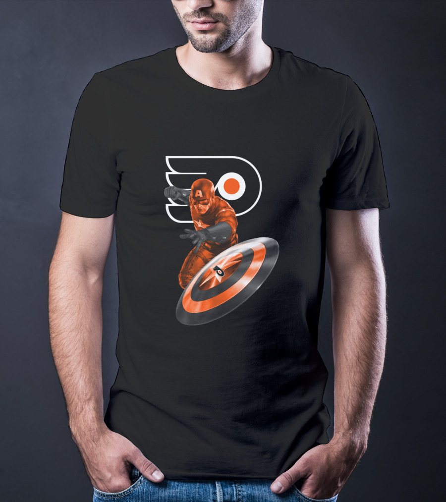 Captain America Philadelphia Flyers Crossover Shield And Logo Iconic Fusion T-Shirt
