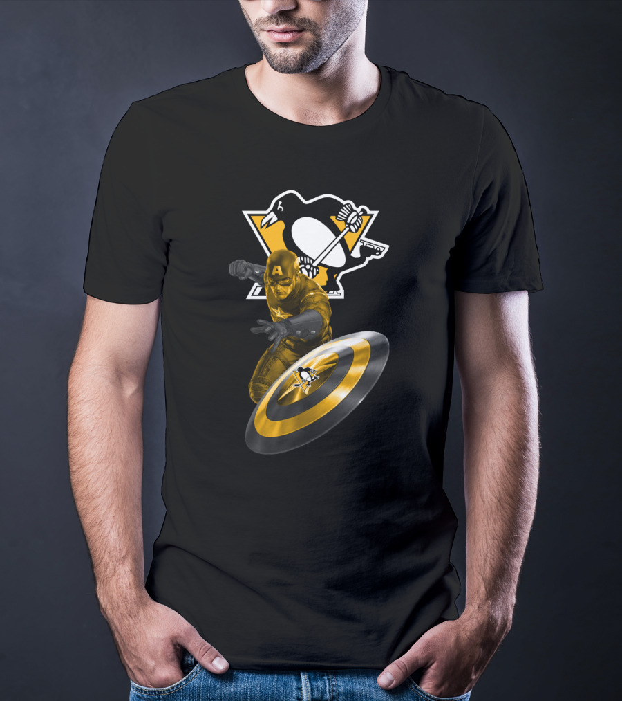 Pittsburgh Penguins Hockey Marvel Captain America Crossover Shield T-Shirt