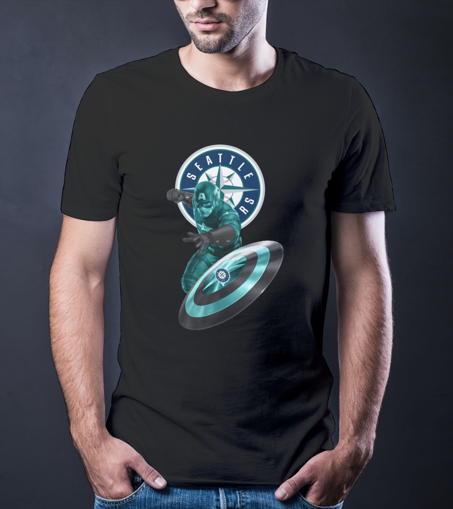 Seattle Mariners Captain America Logo Shield Crossover Baseball Superhero Collaboration T-Shirt