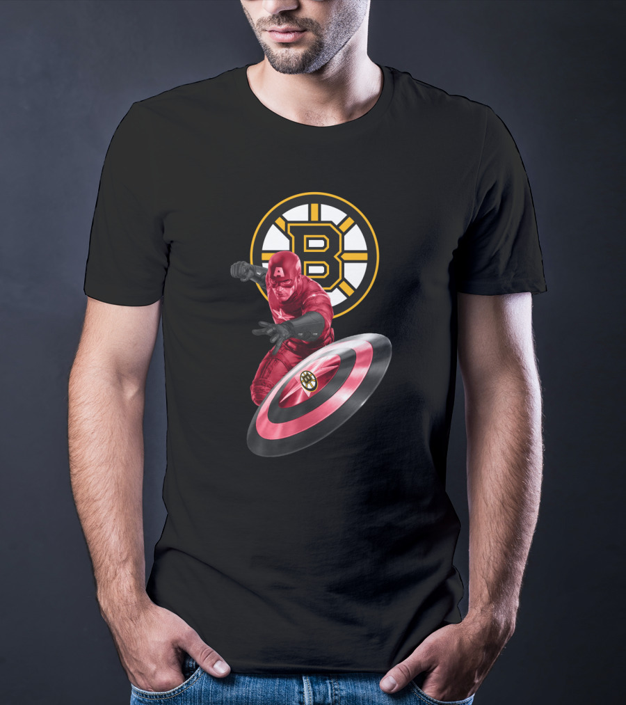 Captain America With Boston Bruins Shield Emblem Fans T-Shirt