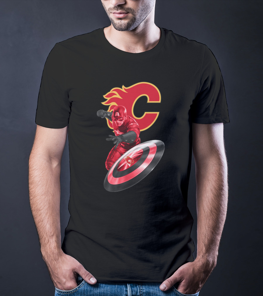 Calgary Flames And Captain America Shield Fusion Marvel Fans T-Shirt