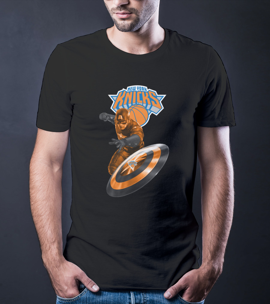 New York Knicks Captain America Crossover Imagery With Shield And Basketball T-Shirt
