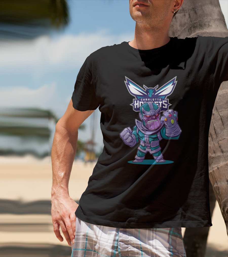 Thanos With Infinity Gauntlet And Charlotte Hornets Logo Crossover T-Shirt