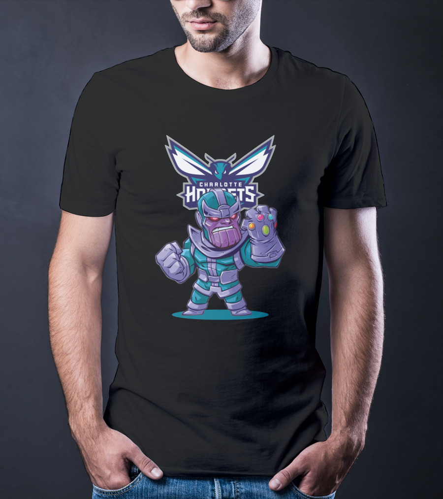 Thanos With Infinity Gauntlet And Charlotte Hornets Logo Crossover T-Shirt