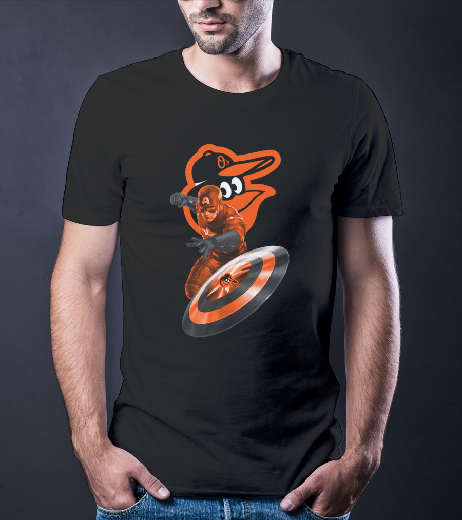 Baltimore Orioles Captain America Crossover Shield Logo Collaboration T-Shirt