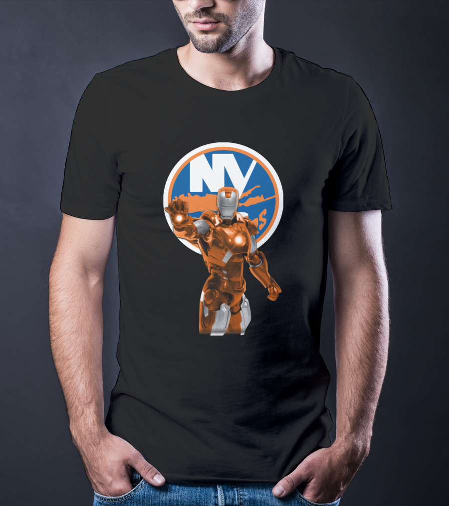 Iron Man New York Islanders Crossover Graphic Featuring NY Logo Background T-Shirt