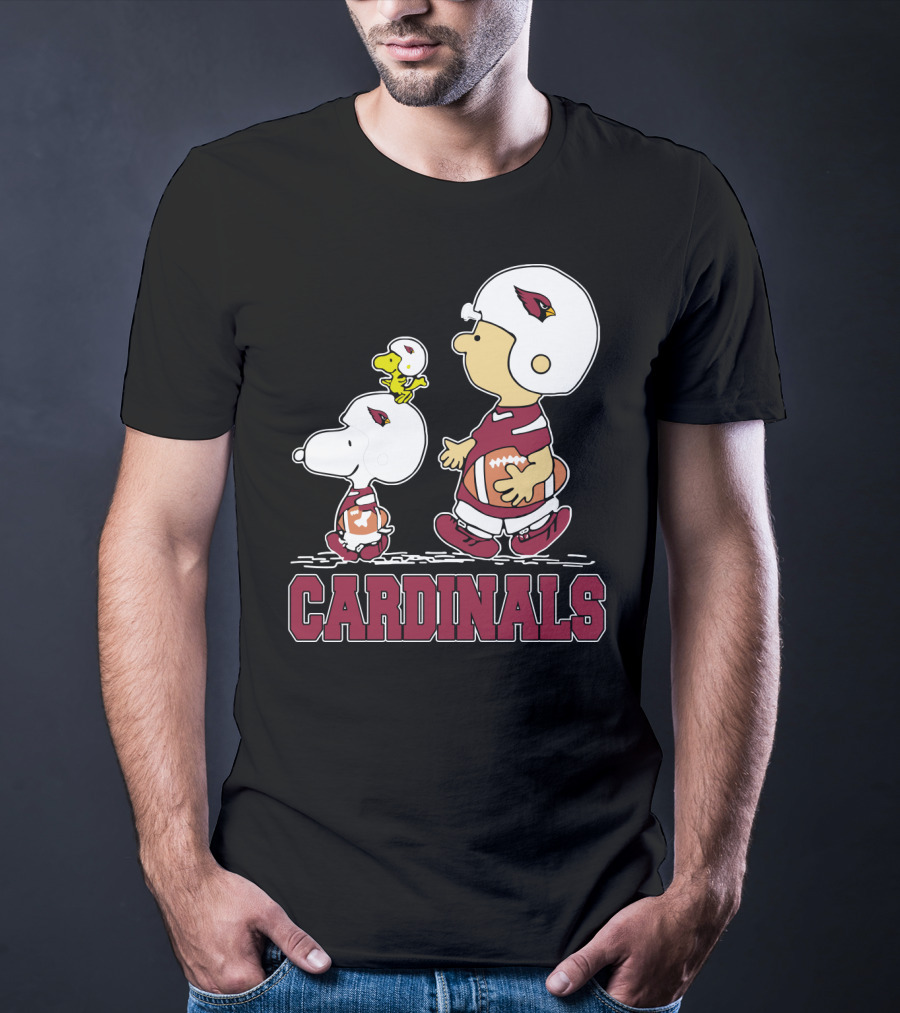 Snoopy And Woodstock With Cardinals Football Helmets And Team Spirit T-Shirt
