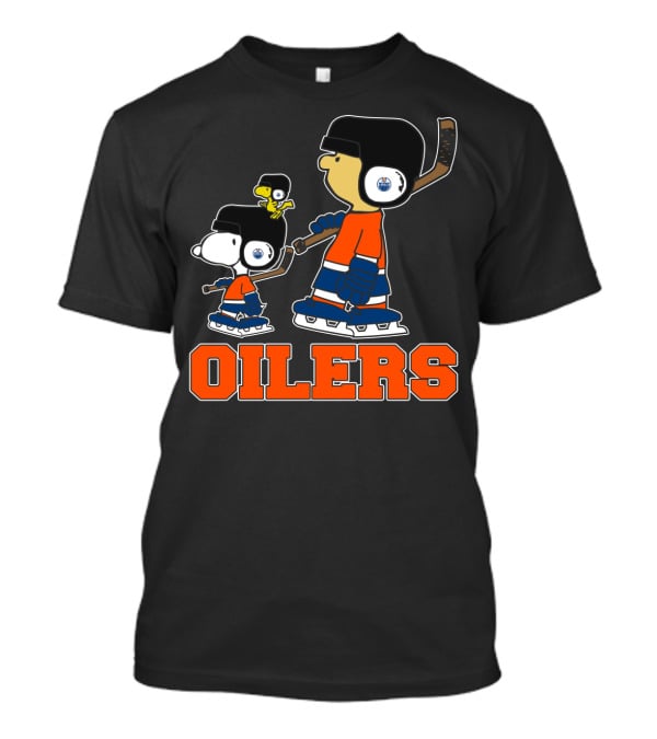 Snoopy Edmonton Oilers Hockey Fans With Woodstock In Skates T-Shirt