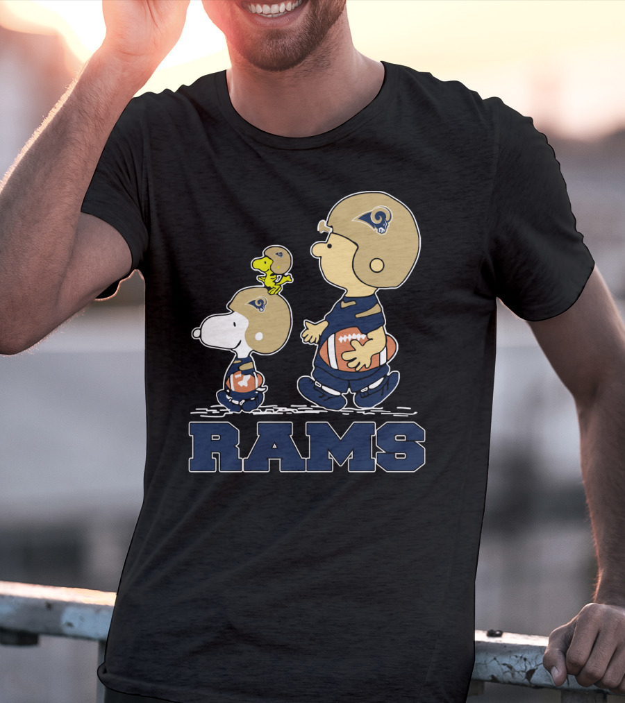 Snoopy And Woodstock With Los Angeles Rams Helmets And Football T-Shirt
