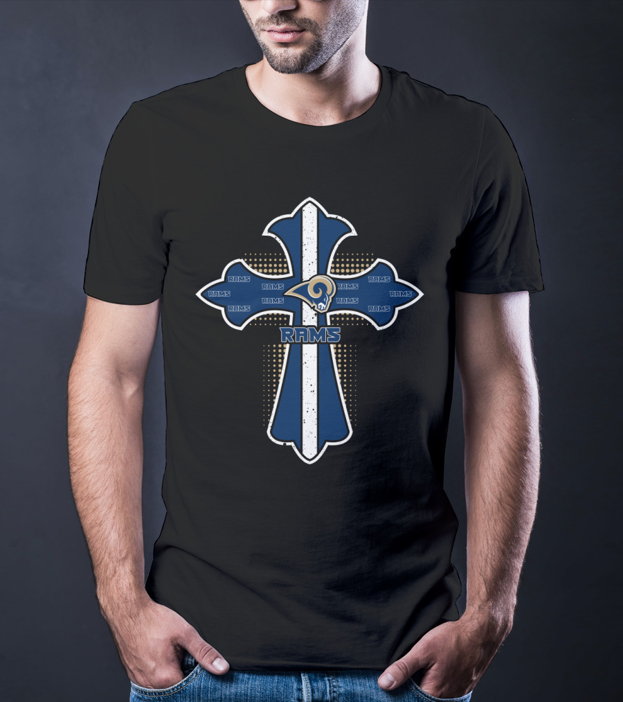 Cross Featuring Rams Logo And Jesus Theme For Los Angeles Supporters T-Shirt