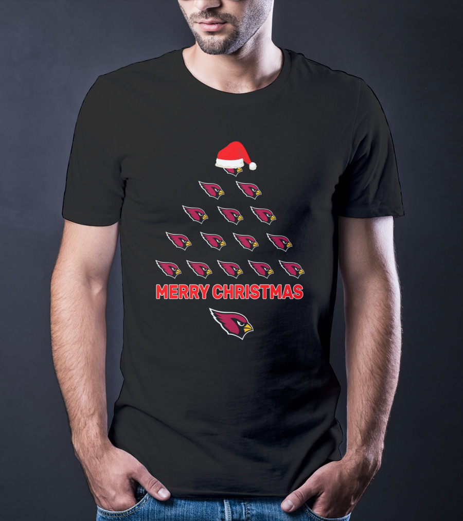 Merry Christmas Arizona Cardinals Tree With Santa Hat T-Shirt