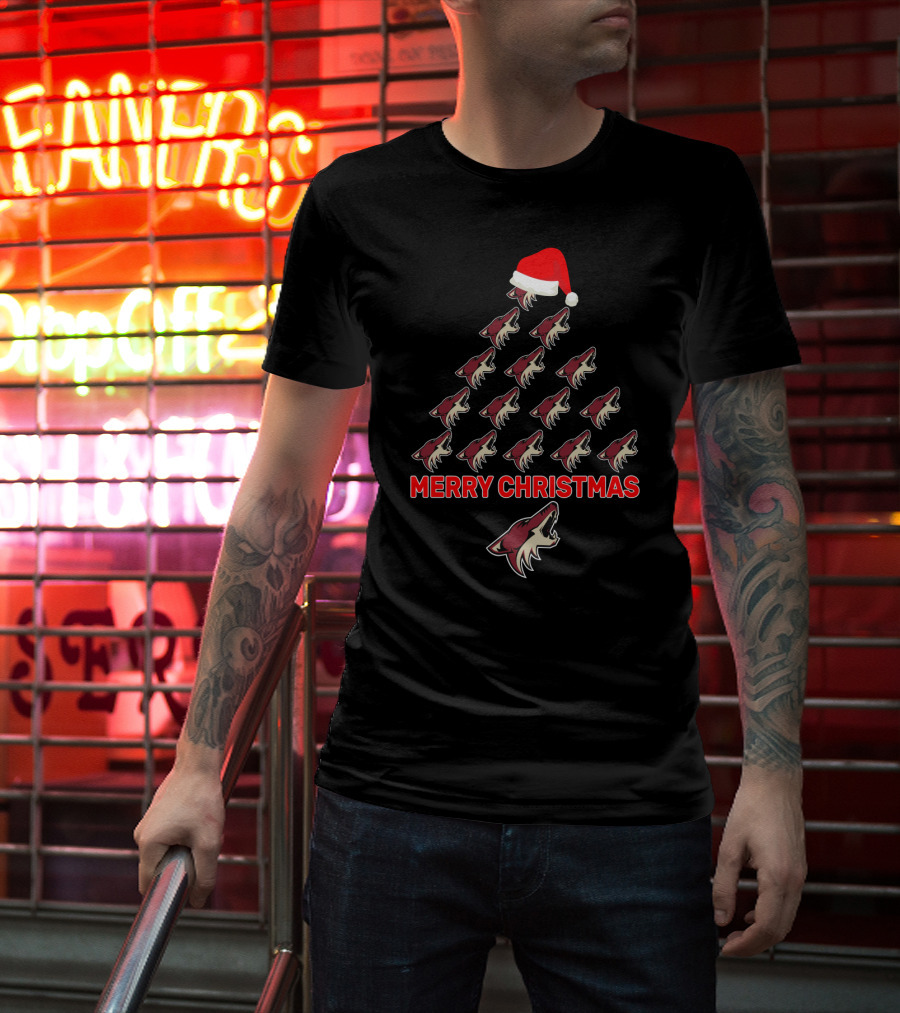 Merry Christmas Arizona Coyotes Logo Tree With Santa Hat T-Shirt