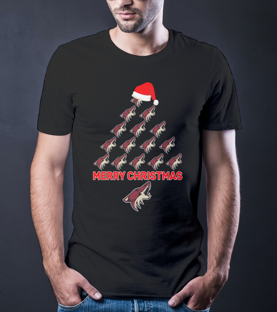 Merry Christmas Arizona Coyotes Logo Tree With Santa Hat T-Shirt