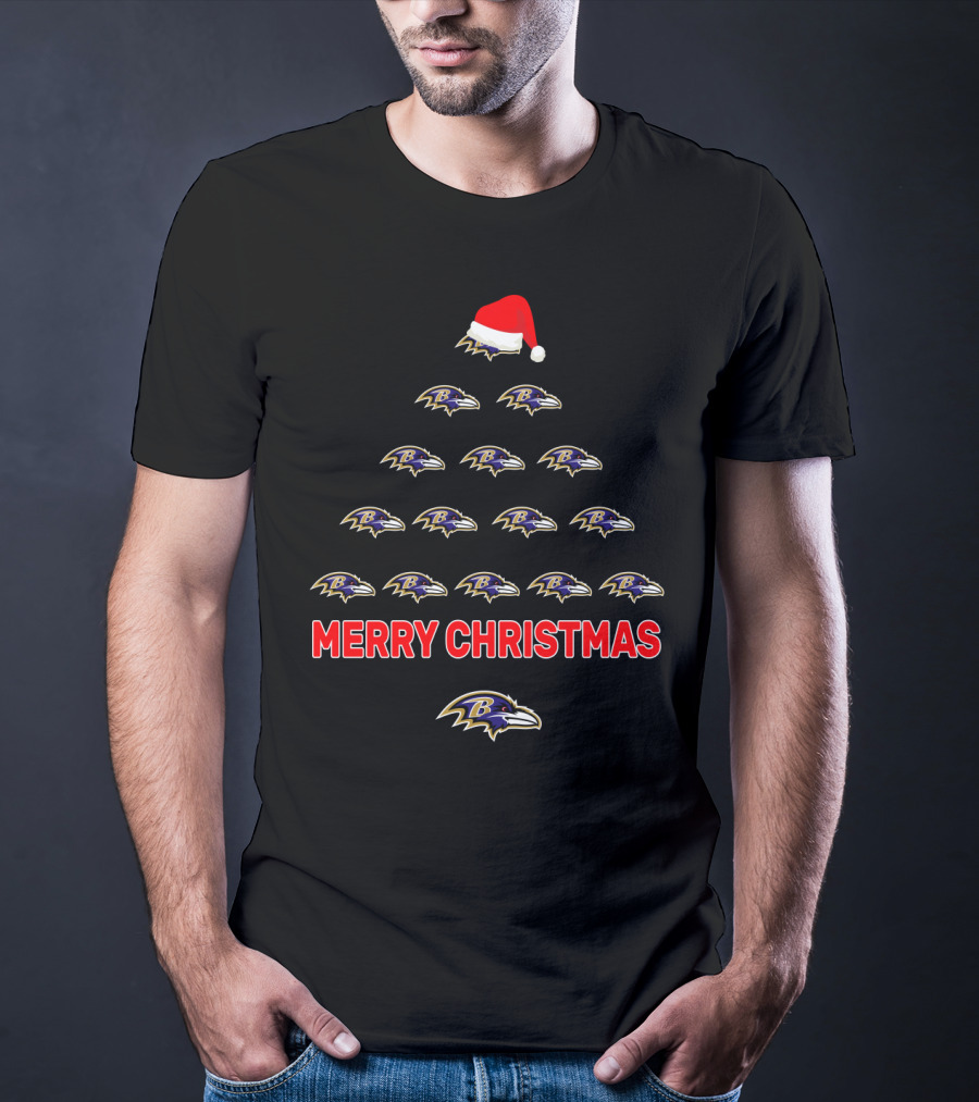 Merry Christmas Baltimore Ravens Santa Hat Tree T-Shirt