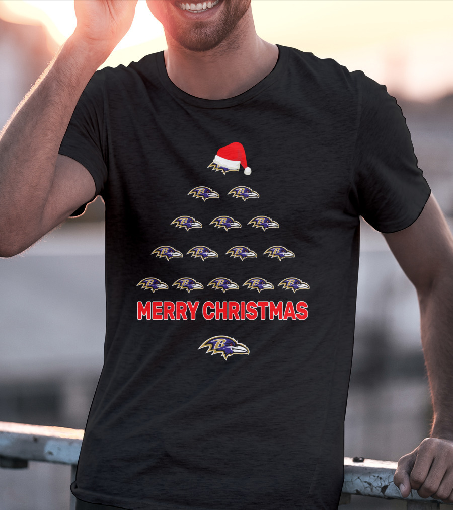 Merry Christmas Baltimore Ravens Santa Hat Tree T-Shirt