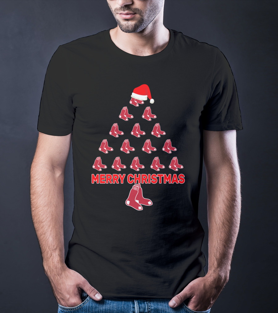 Merry Christmas Red Sox Fans Christmas Tree With Santa Hat T-Shirt