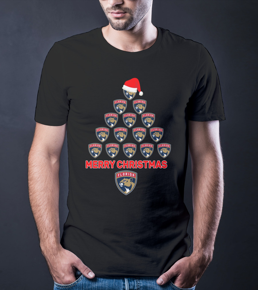 Merry Christmas Florida Panthers Tree With Logos And Santa Hat T-Shirt