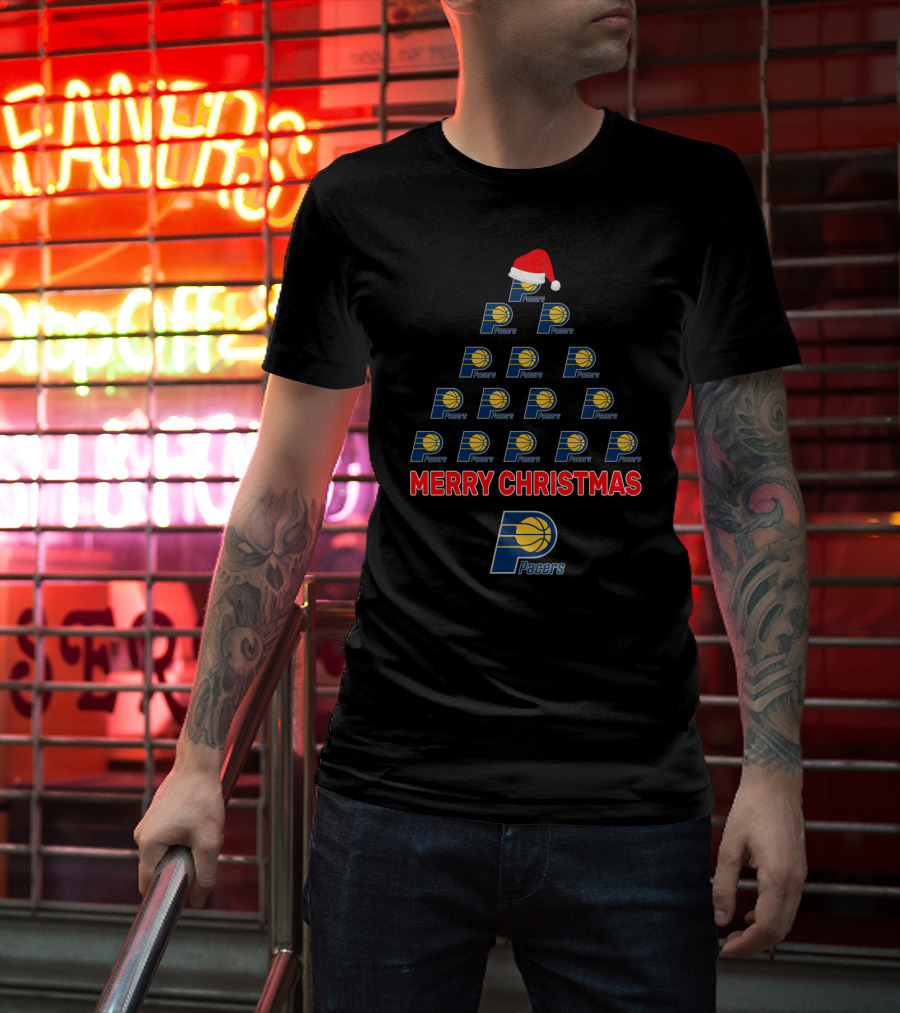 Merry Christmas Pacers Logo Christmas Tree With Santa Hat T-Shirt