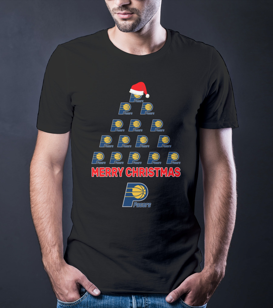 Merry Christmas Pacers Logo Christmas Tree With Santa Hat T-Shirt