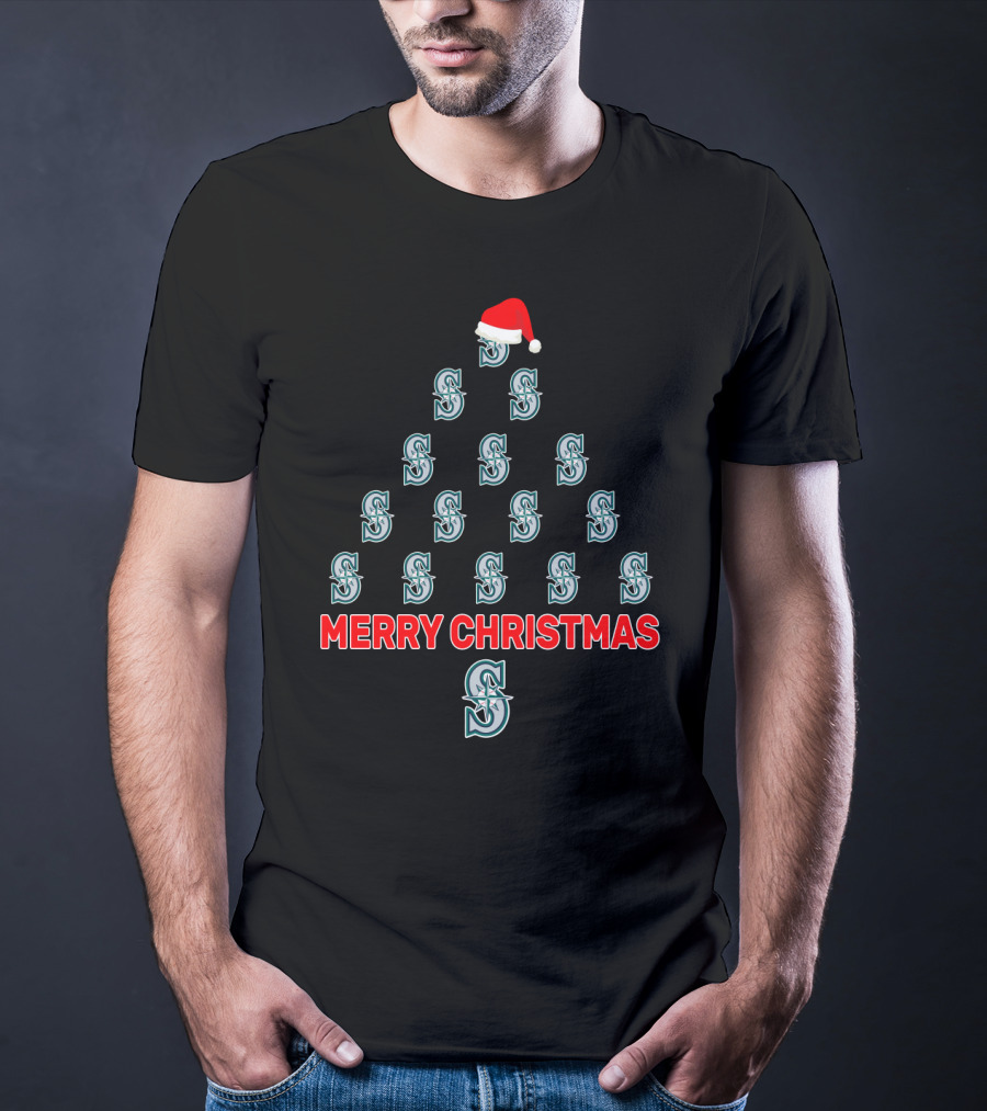 Merry Christmas Seattle Mariners Logo Tree Santa Hat T-Shirt