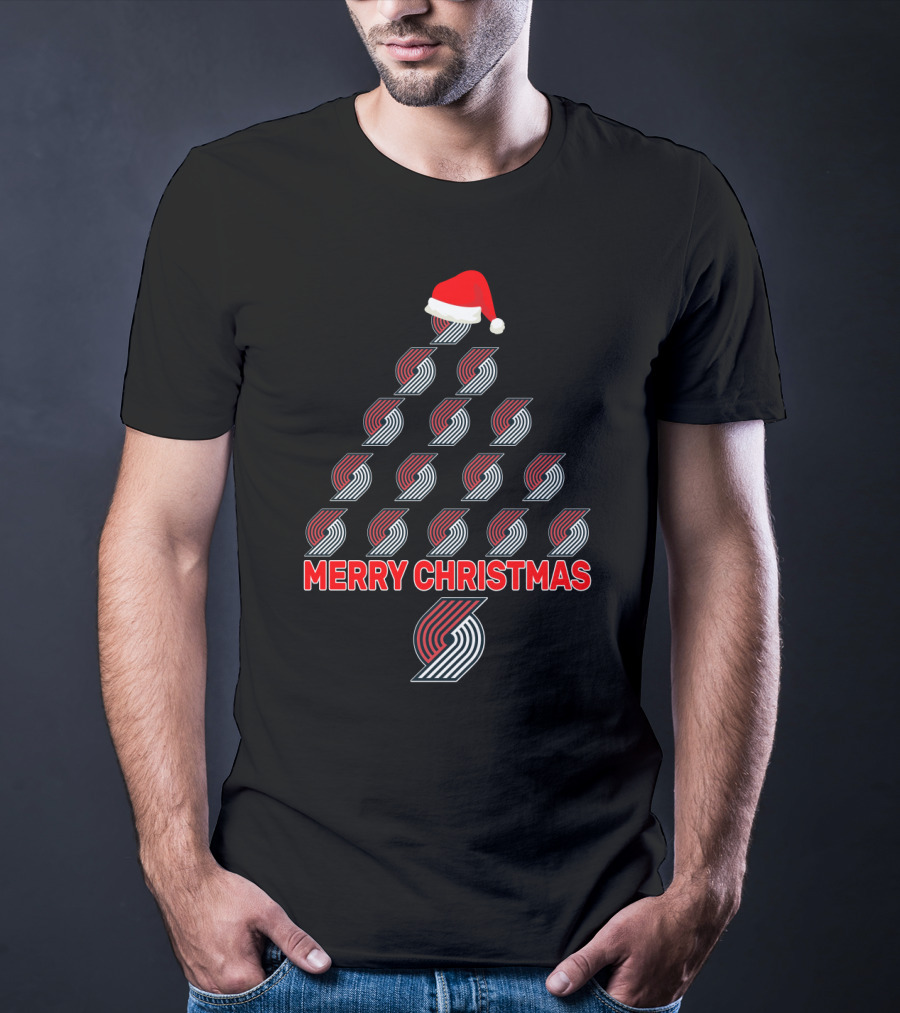 Merry Christmas Portland Trail Blazers Fans Tree With Santa Hat T-Shirt