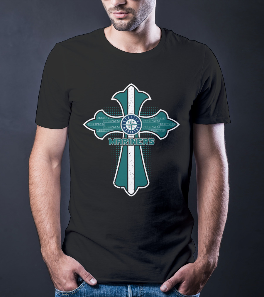 Seattle Mariners Fans Cross With Mariners Logo And Repeated Team Name T-Shirt