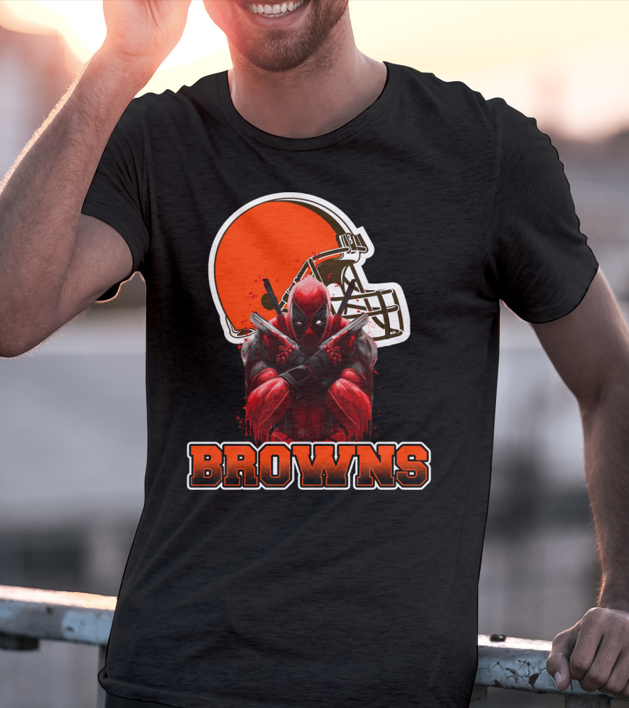 Cleveland Browns And Deadpool Crossover With Iconic Helmet And Character T-Shirt