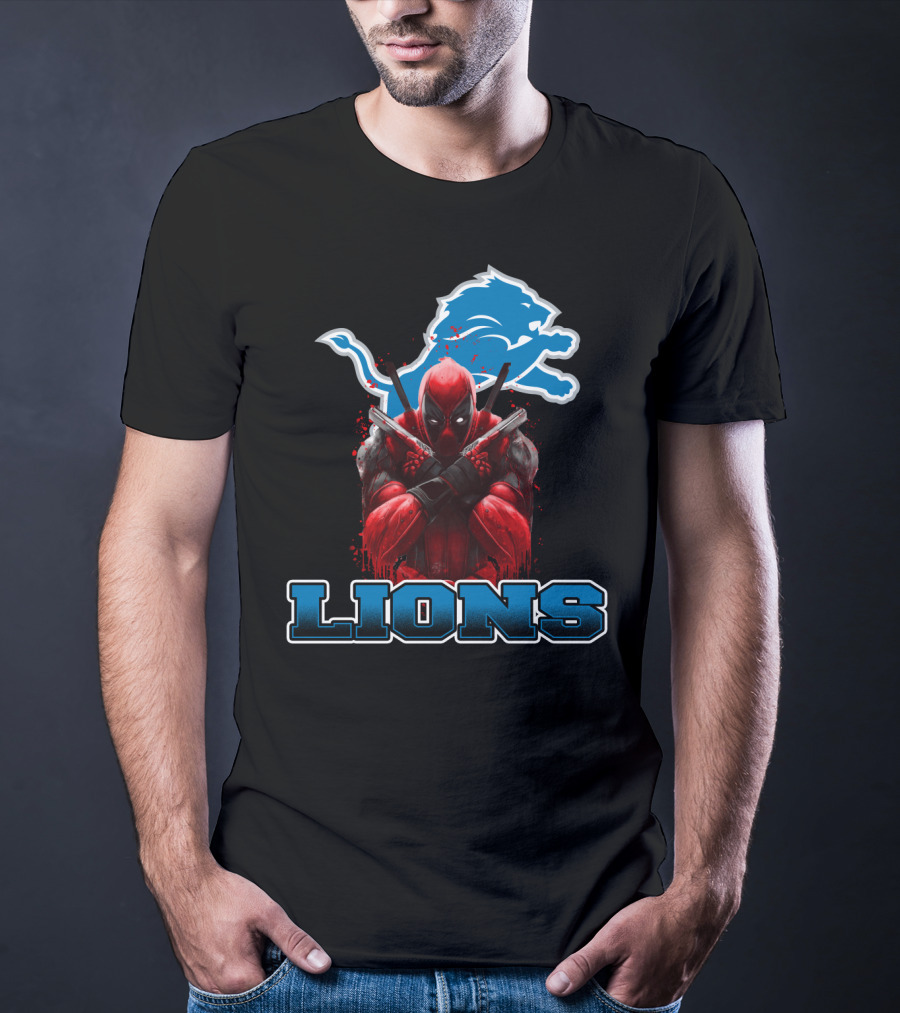Detroit Lions Deadpool Crossover Fans Blue Lion T-Shirt