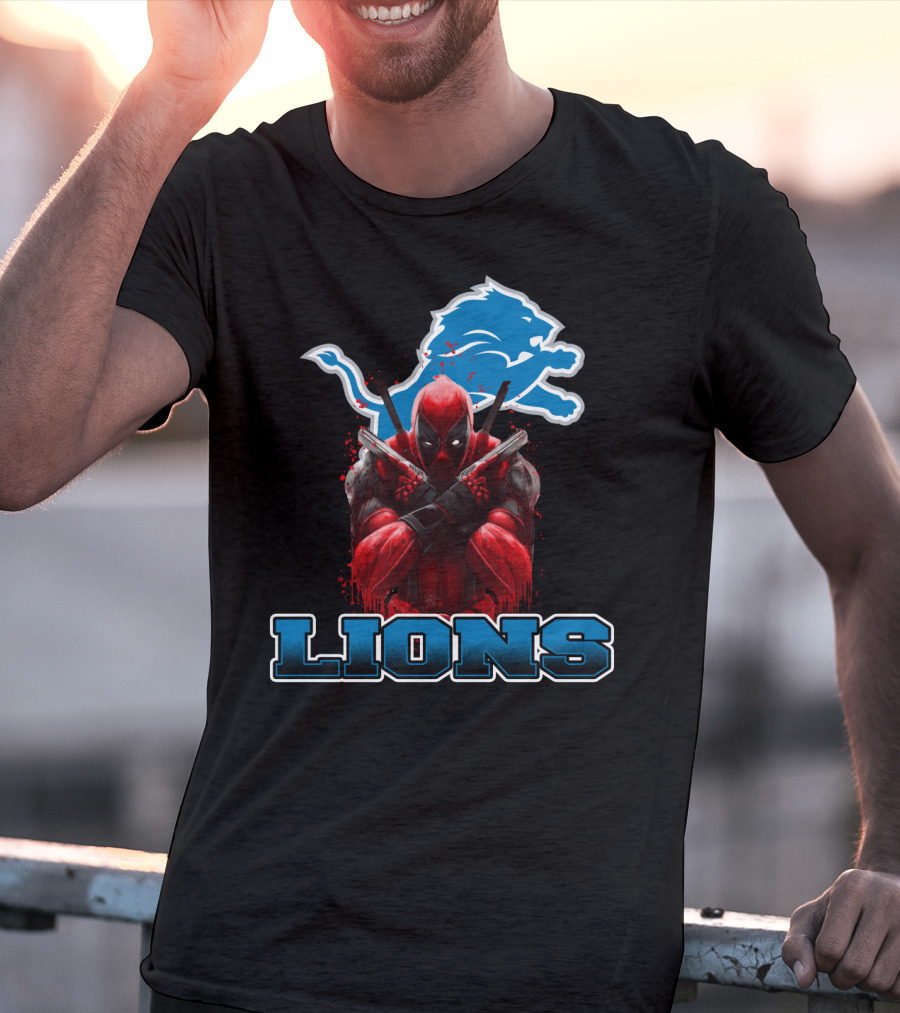 Detroit Lions Deadpool Crossover Fans Blue Lion T-Shirt
