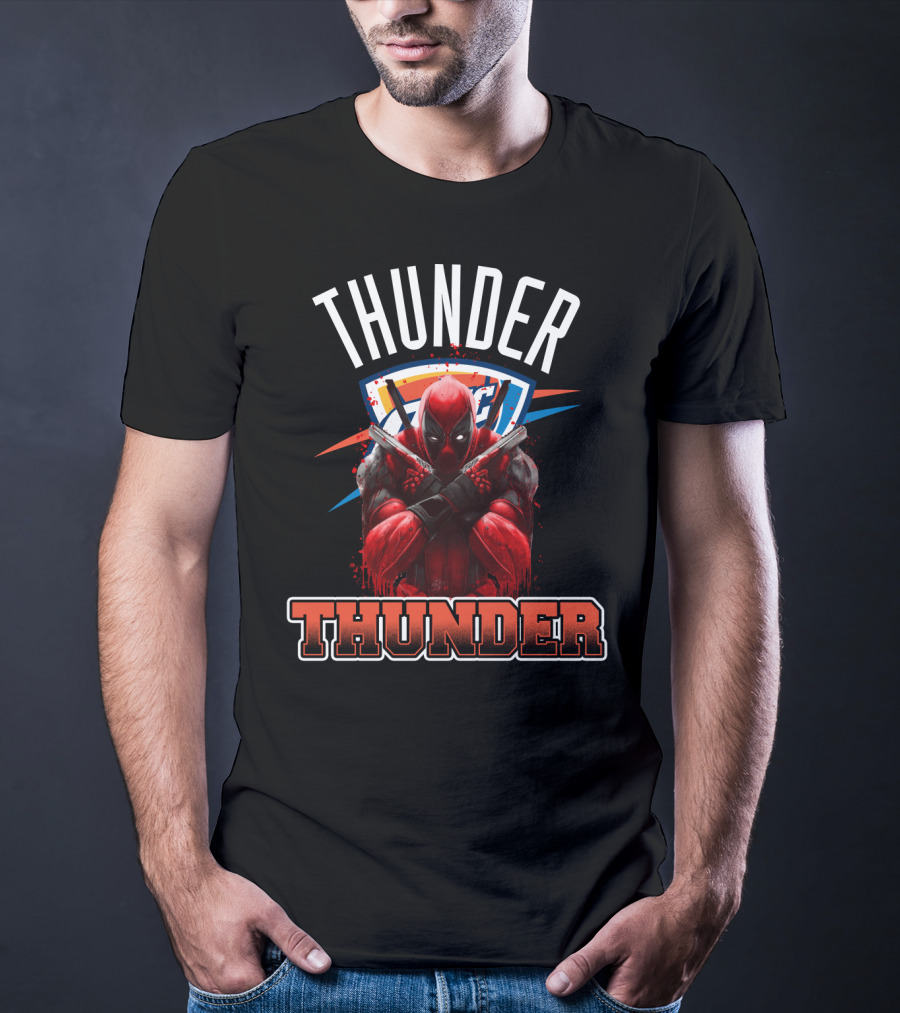 Thunder Crossover With Iconic Marvel Character On Oklahoma City Background T-Shirt