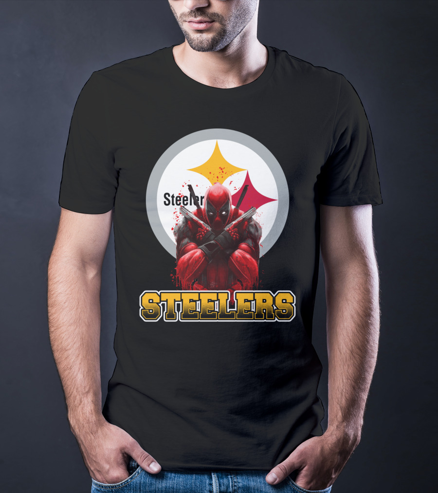 Steelers Deadpool Crossover With Pittsburgh Steelers Logo And Character Pose T-Shirt