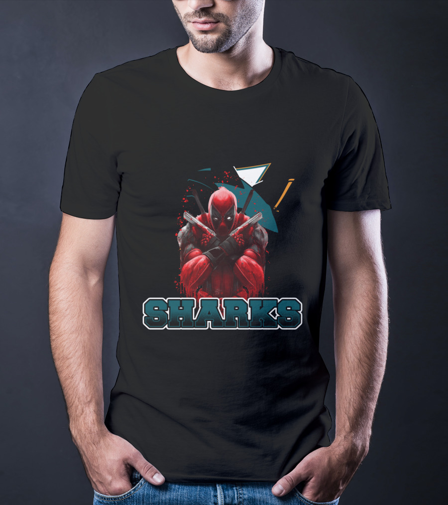 Deadpool With San Jose Sharks Imagery And Text: Sharks T-Shirt