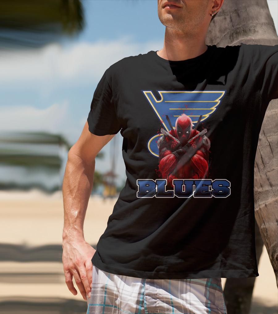 St. Louis Blues And Deadpool Crossover Fan Art With Iconic Blue And Yellow Hockey T-Shirt