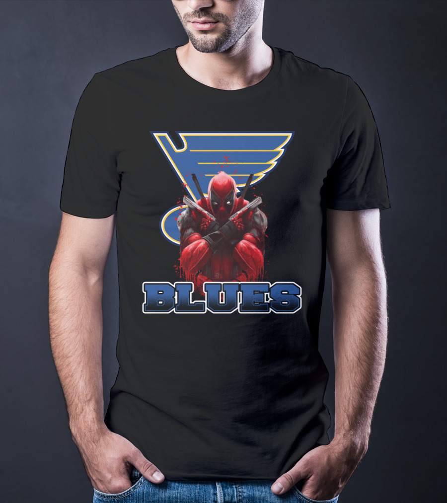 St. Louis Blues And Deadpool Crossover Fan Art With Iconic Blue And Yellow Hockey T-Shirt