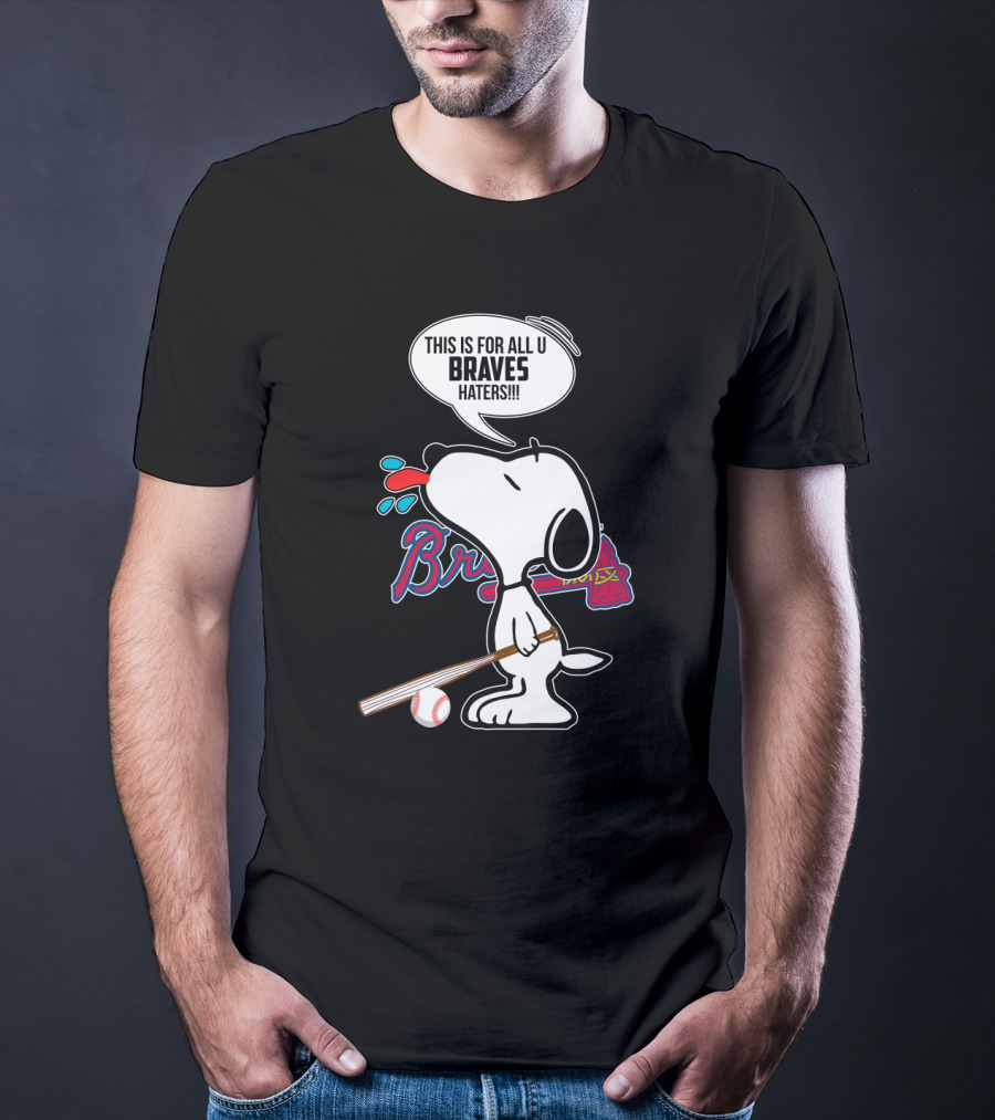 Snoopy Braves Tongue Out With Baseball Bat And Braves Text T-Shirt