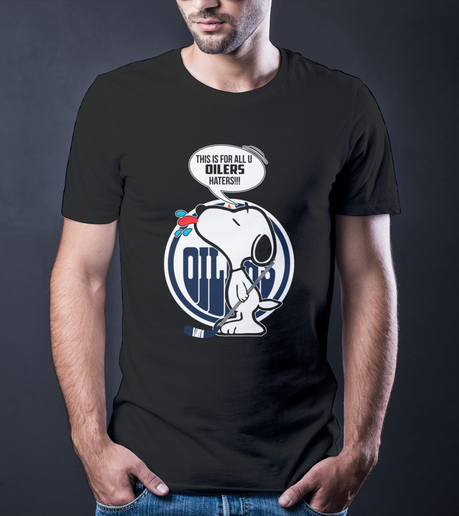 Snoopy Hockey Stick Edmonton Oilers Logo Haters Speech Bubble T-Shirt