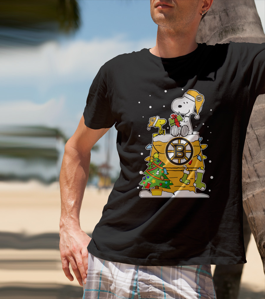 Boston Bruins Christmas Snoopy And Woodstock With Hockey T-Shirt