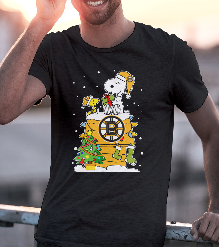 Boston Bruins Christmas Snoopy And Woodstock With Hockey T-Shirt