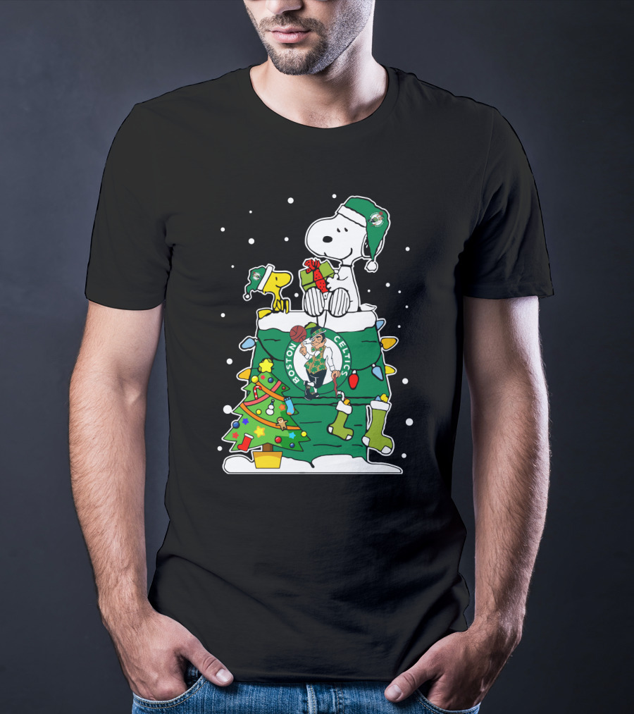 Boston Celtics Christmas Tree Snoopy And Woodstock Fan Favorite T-Shirt
