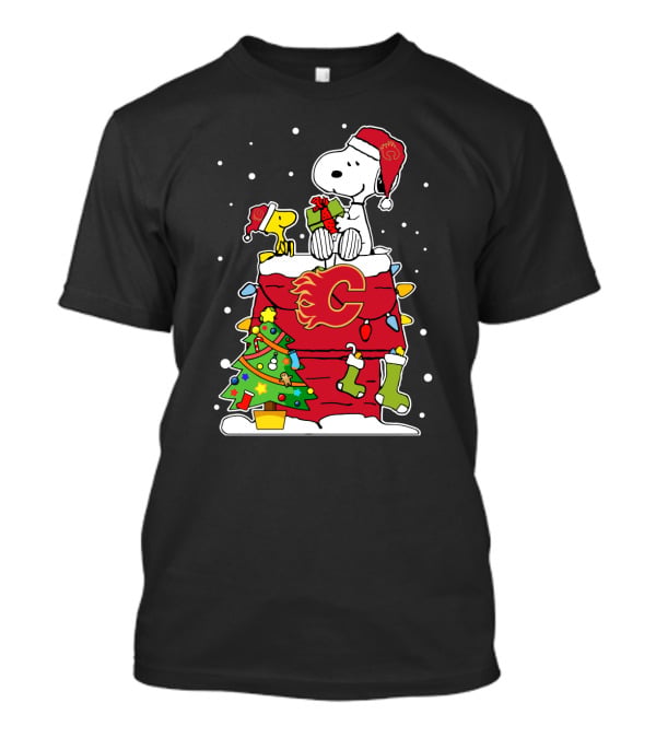 Snoopy And Woodstock Celebrating Christmas With Calgary Flames T-Shirt