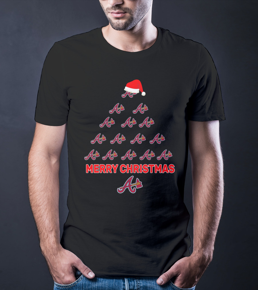 Merry Christmas Atlanta Braves Logo Tree With Santa Hat T-Shirt