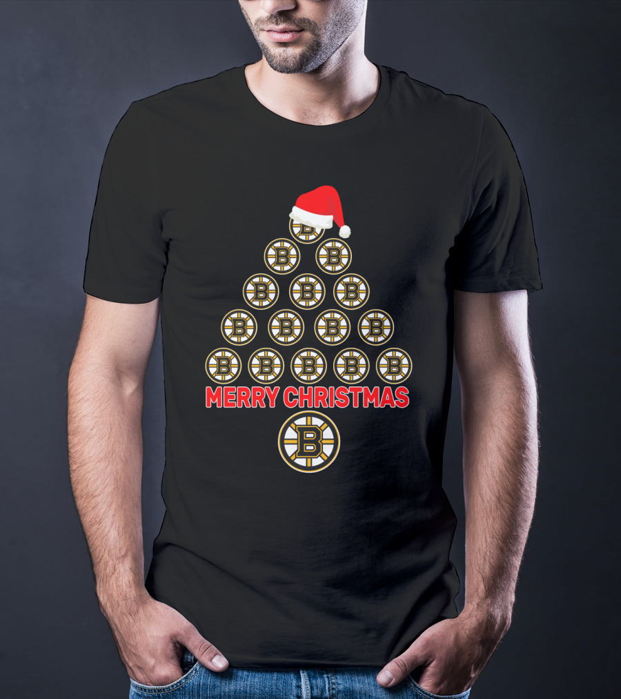 Merry Christmas Boston Bruins Tree Santa Hat T-Shirt
