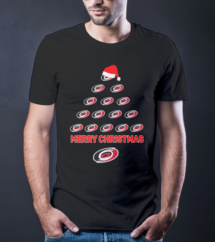 Merry Christmas Carolina Hurricanes Logo Christmas Tree With Santa Hat T-Shirt