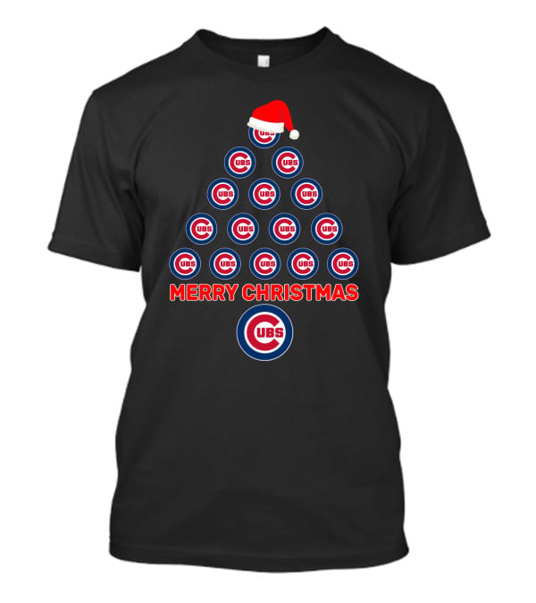 Merry Christmas Cubs Logo Christmas Tree Design With Santa Hat T-Shirt