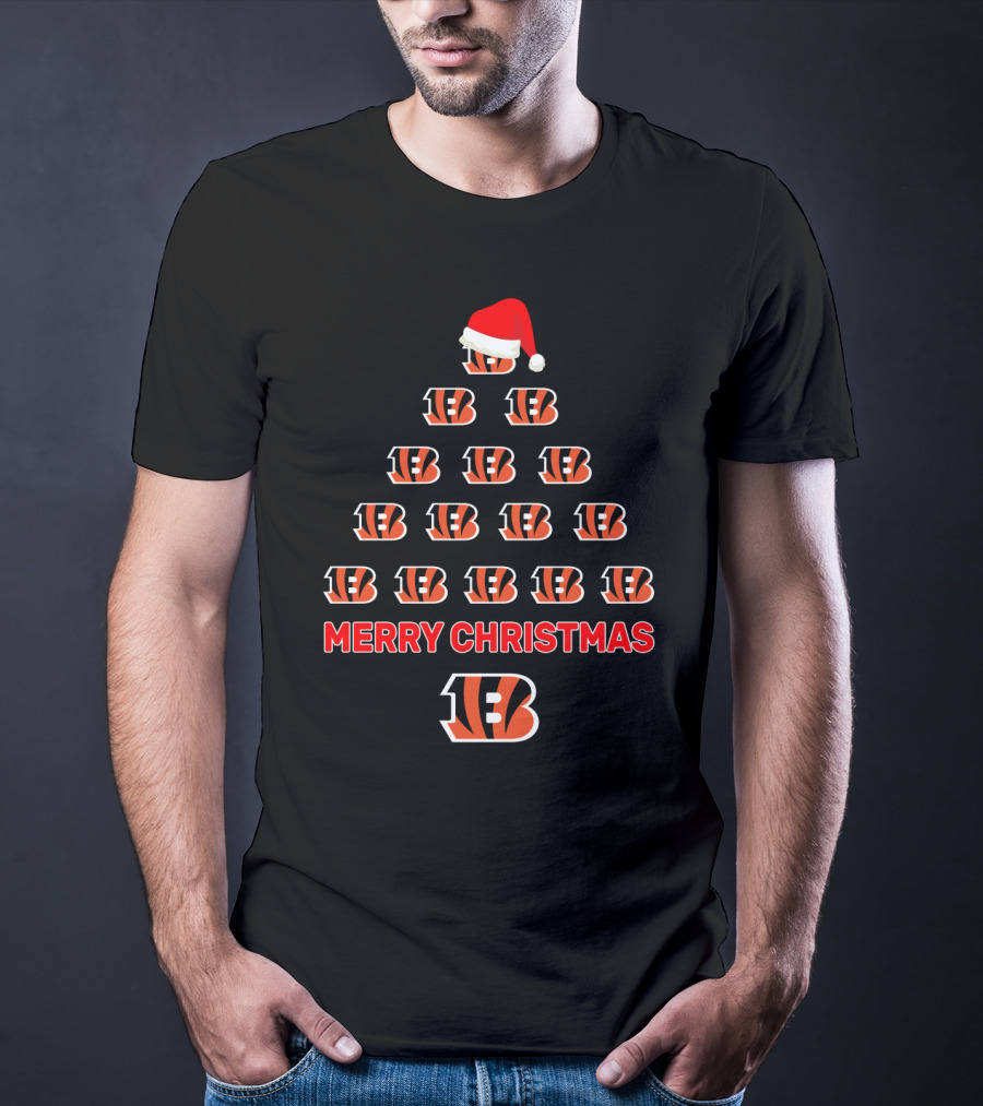 Merry Christmas Tree With Cincinnati Bengals Logo And Santa Hat T-Shirt