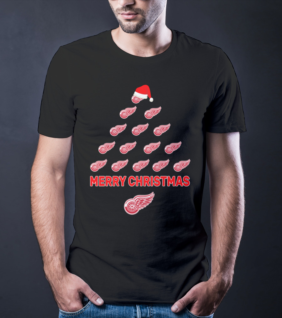 Detroit Red Wings Merry Christmas Tree With Santa Hat T-Shirt