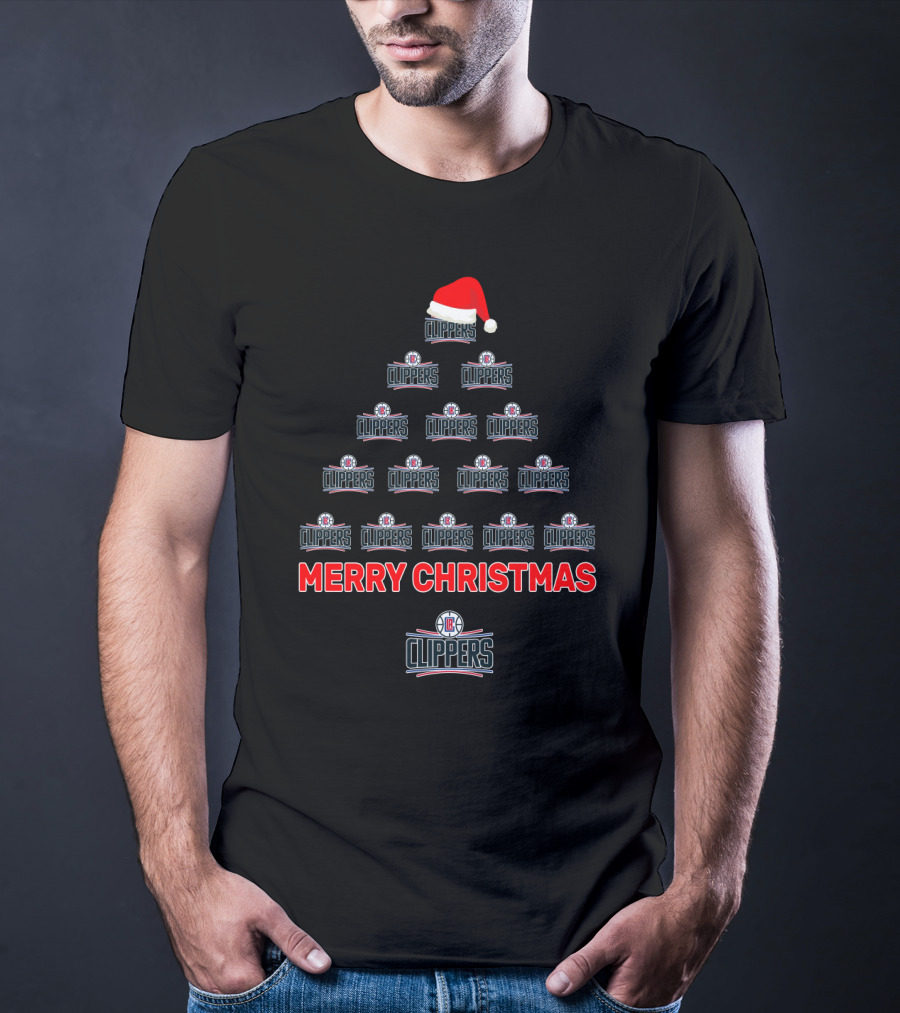 Merry Christmas La Clippers Holiday Tree With Santa Hat And Logos T-Shirt